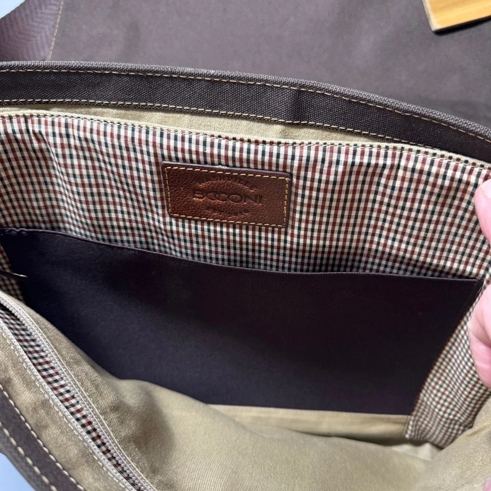 Boconi Messenger Bag Brown Leather Canvas Laptop Case Dark Academia